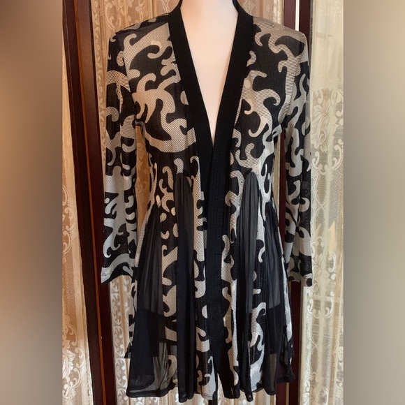 Patchington Sweaters - PATCHINGTON OPEN FRONT SHEER PANEL LONGLINE CARDIGAN - SZ SMALL